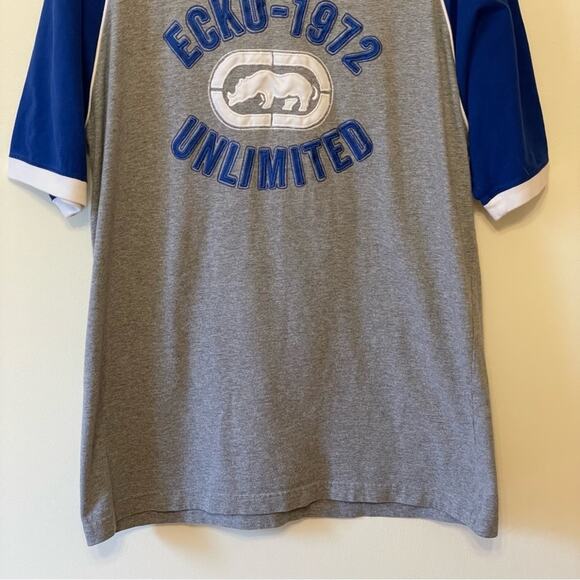 Y2K Ecko Unltd. M knit short sleeve t-shirt colorblock blue gray streetwear - Picture 3 of 7